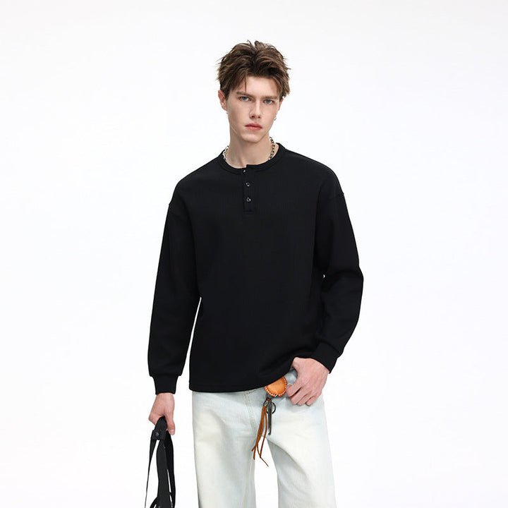 Herr Waffle Structure Henley Termisk Skjorta med Knapplist och Avslappnad Passform Drune