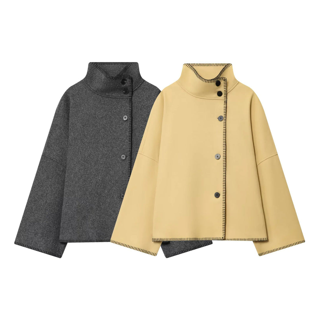 Dam oversized ull cape jacka med hög krage och asymmetrical knäppning