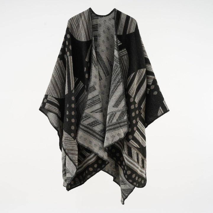 Dam Jacquard Ruana med graphic mönster och overlock edge