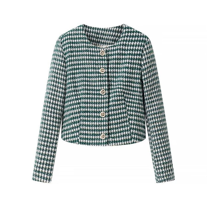 Dam skräddad Boucle kort blazer med Houndstooth mönster och dekorativ knappar