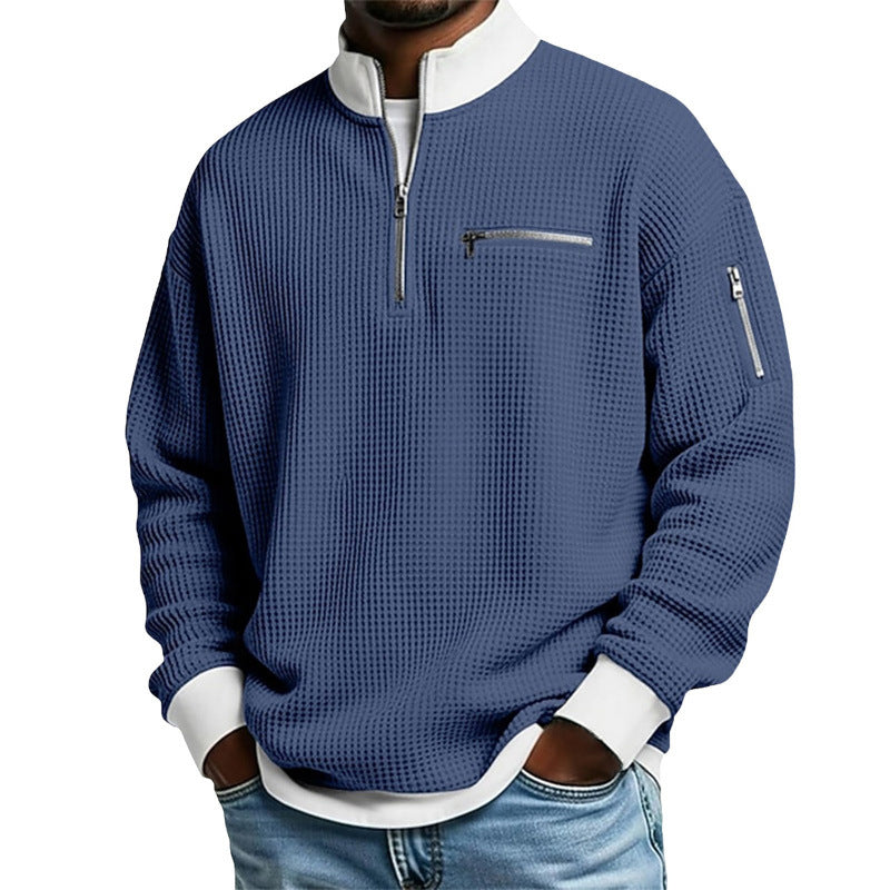 Herr Sportig Kvartsdragkedja Pullover med Textured Mönster