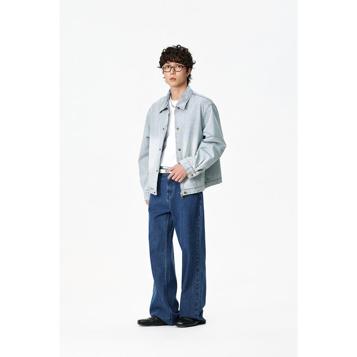 Unisex Randig Oversized Denim Jacka i Arbetsstil med Ståkrage och Two-Way Dragkedja