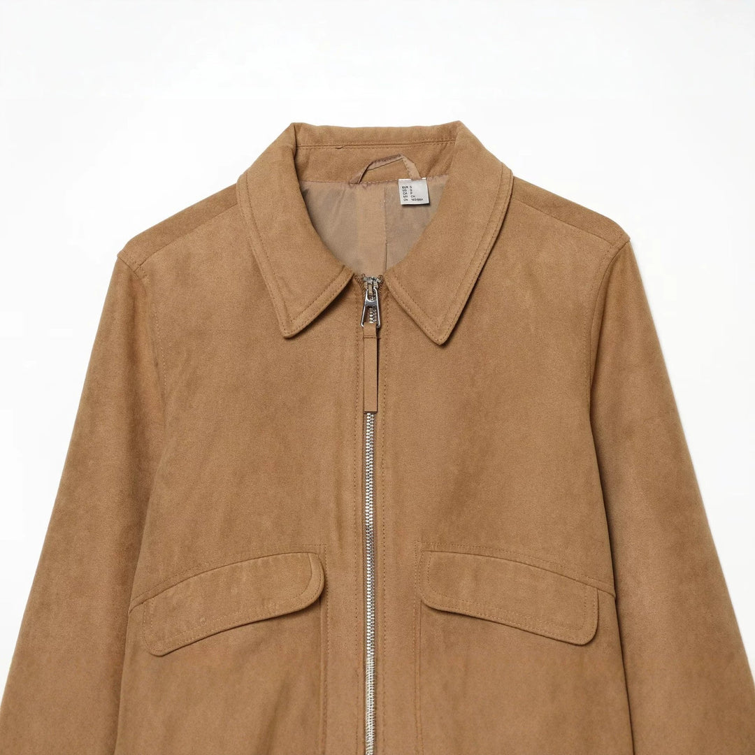Dam Kort Suede Läder Blouson i Boxig Skärning med Skjort Krage, Lock Fickor och Wide Ribbed Cuff