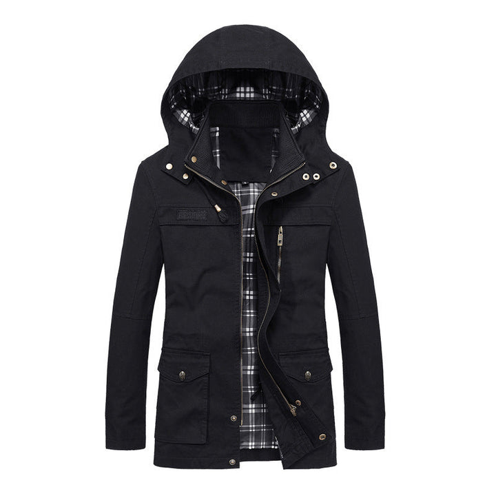 Herr Canvas Fält Parka med Huva, Rutig Foder och Multi-Function Fickor