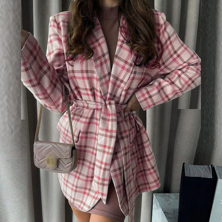 Dam oversized rutig kappa blazer med midjebälte och påsydda fickor