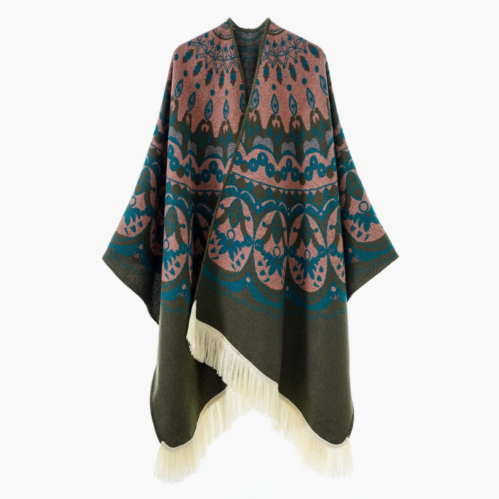 Dam Woven Jacquard poncho med V-Neck, Ethno tryck och Fringes