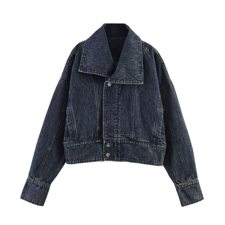 Dam Oversized Kort Jeans Jacka med Bred Krage