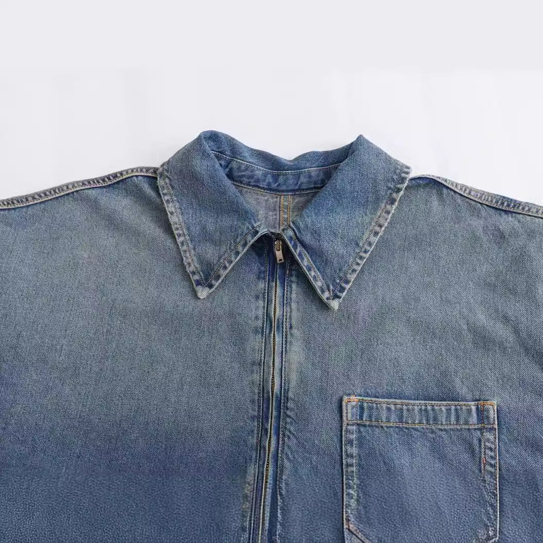 Dam oversized denim tunic med half dragkedja, bred skärning och breast pocket