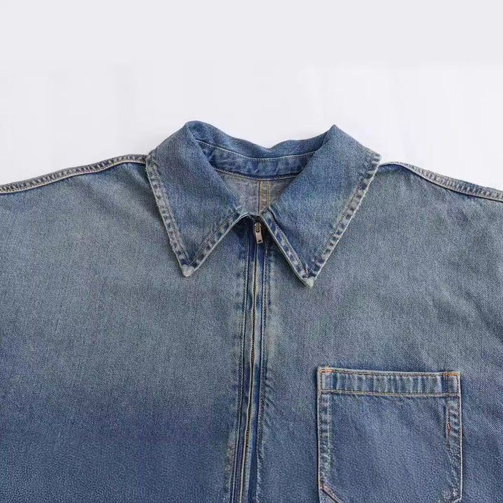 Dam oversized denim tunic med half dragkedja, bred skärning och breast pocket