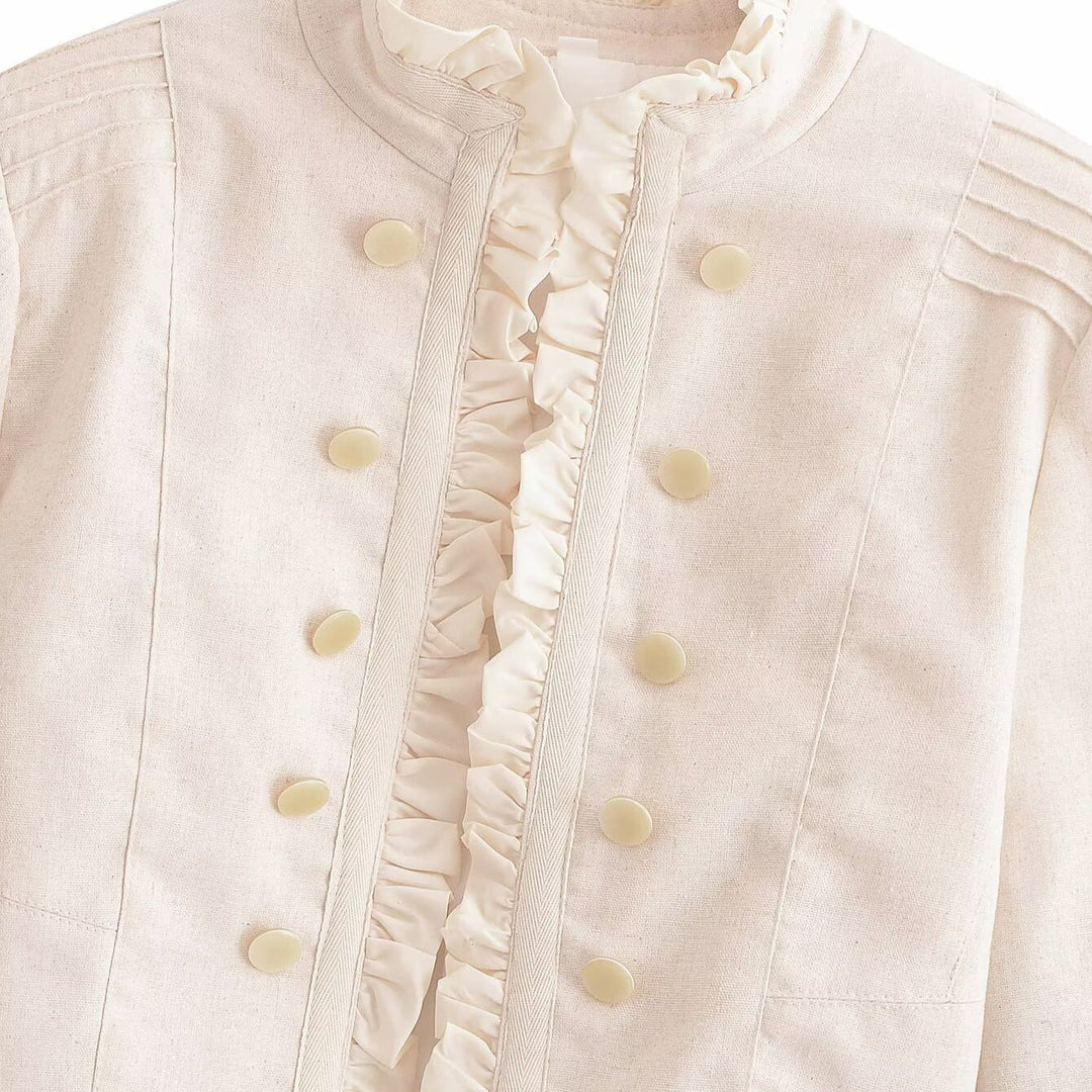 Dam Kort Jacka med Ruffle Front, Stå Krage och Dekorativ Knapp Knäppning