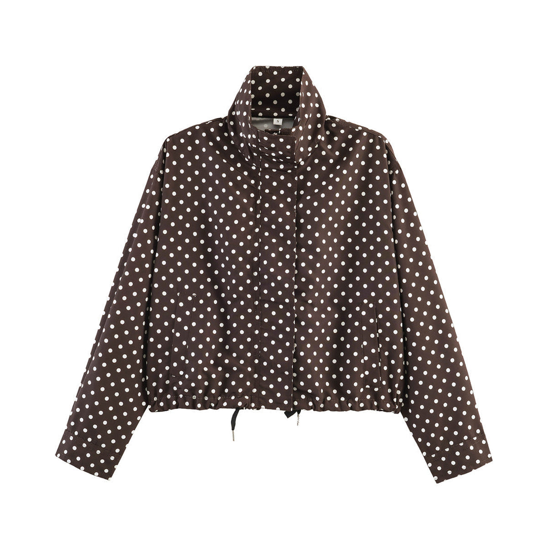 Dam Kort Prickig Prick Övergångsjacka med Stå Krage och Drawstring Nederkant