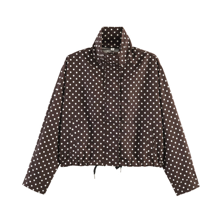 Dam Kort Prickig Prick Övergångsjacka med Stå Krage och Drawstring Nederkant
