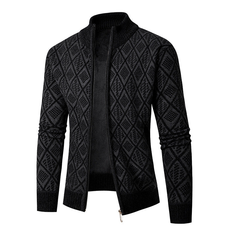 Herr Stickad Dragkedja Jacka med Diamant Jacquard, Standing Krage och Tvåvägsdragkedja