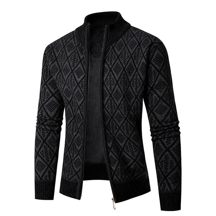 Herr Stickad Dragkedja Jacka med Diamant Jacquard, Standing Krage och Tvåvägsdragkedja