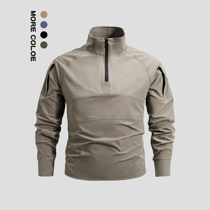 Herr Lätt Tactical Dragkedja Pullover med Hög Krage, Axel Flaps, och Concealed Dragkedja Fickor.