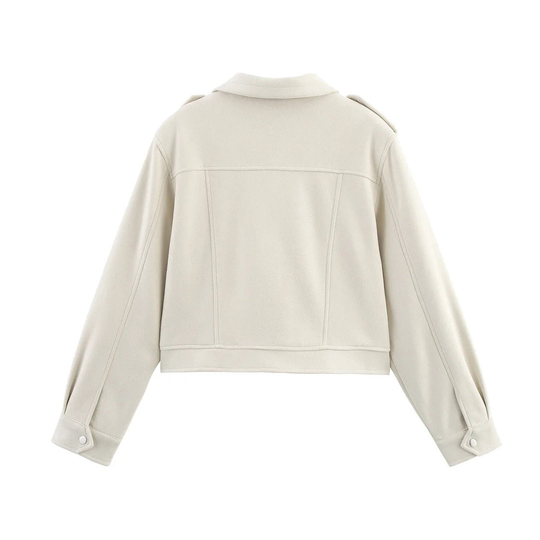 Dam cropped field blazer med axel epaulettes, stor flap fickor, och central dragkedja