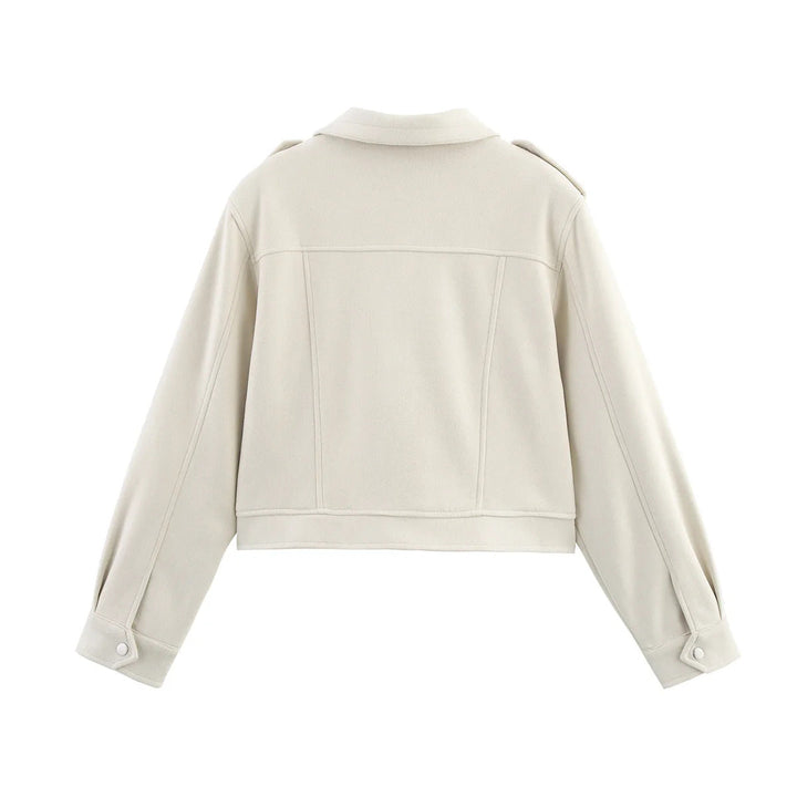 Dam cropped field blazer med axel epaulettes, stor flap fickor, och central dragkedja