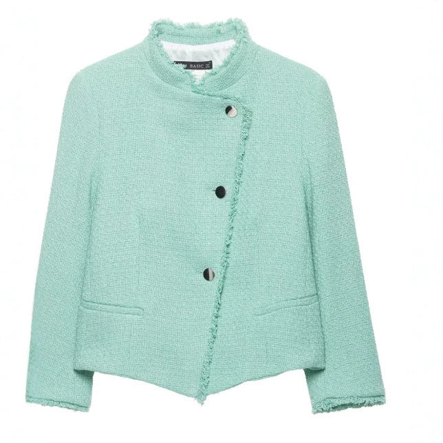 Dam Kort Boucléjacka med Asymmetrisk Knapp Knäppning och Fringe Nederkant