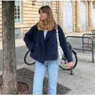 Dam kort Boxy ullblandning Peacoat med Double-Breasted knappslå och utanpåfickor