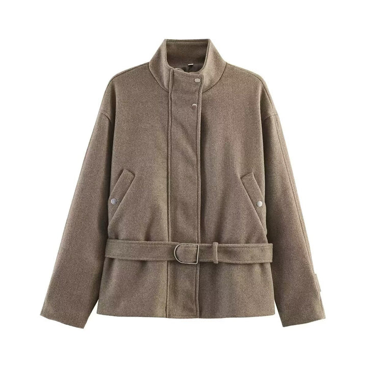Dam kort jacka gjord ullblandning med waistband, ståkrage och flap fickor