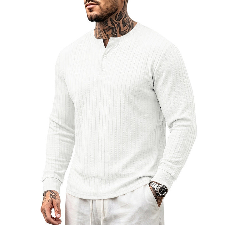 Herr Fin Stickad Henley med Ståkrage och Cable Mönster