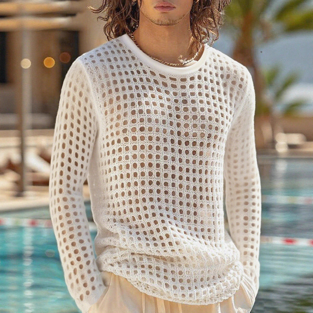 Herr Airy Openwork Stickad Tröja med Square Mesh Mönster och Crew Neck