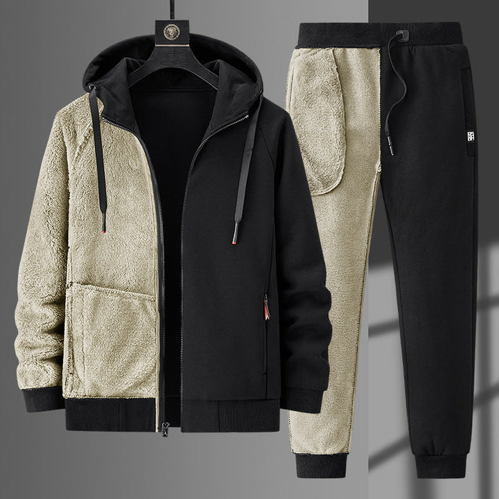 Herr Fleece-Fodrad Dragkedja Luvtröja och Jogging Byxor Set med Teddy Foder
