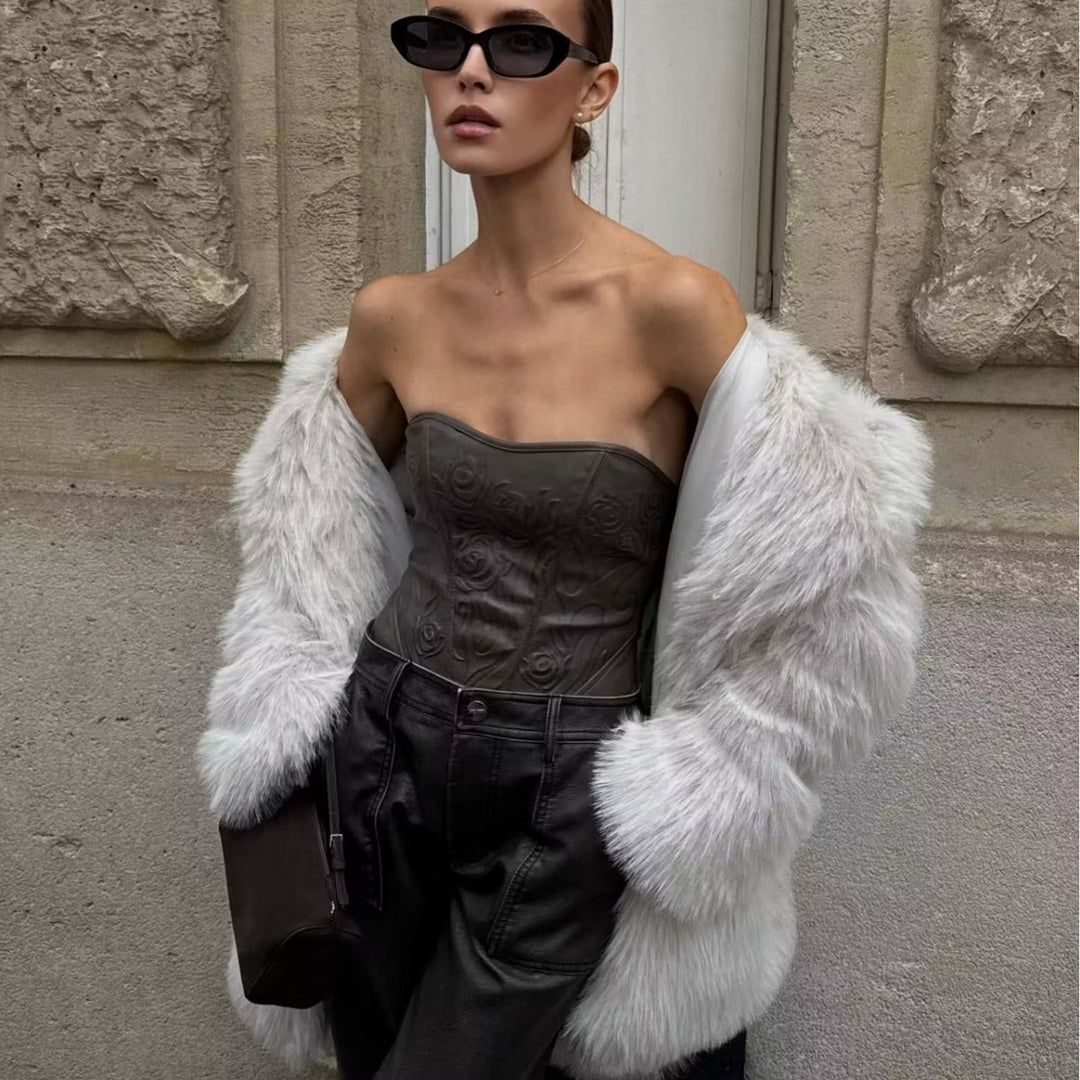 Dam Faux-Fur Kappa med Oversize Shawl Krage och Lång, Waistless Skärning
