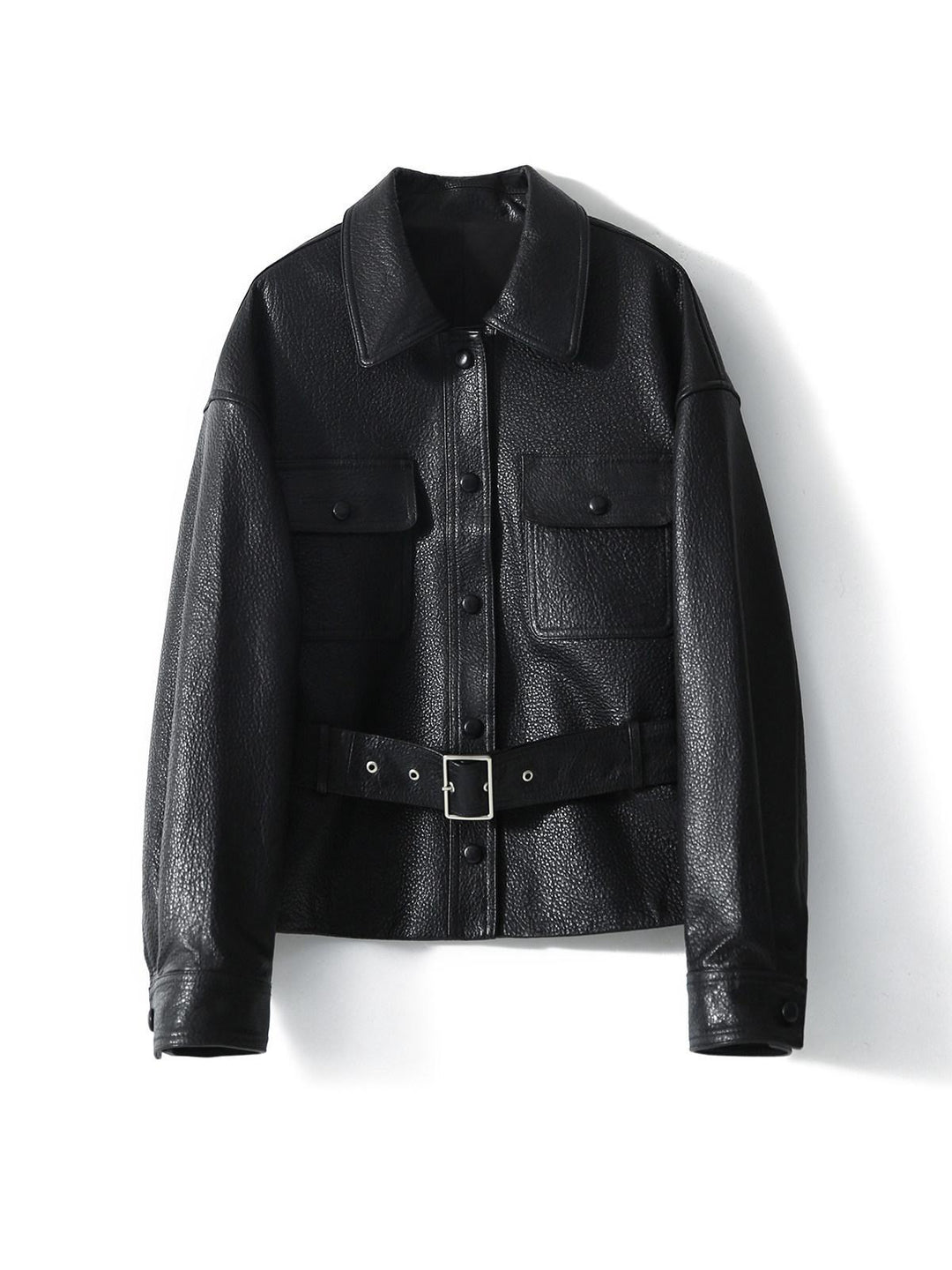 Dam kort jacka gjord textured läder med midjebälte och press studs