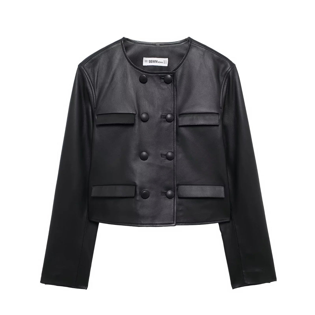 Dam cropped konstläderjacka med round neckline, double-breasted knäppning och påsydda fickor