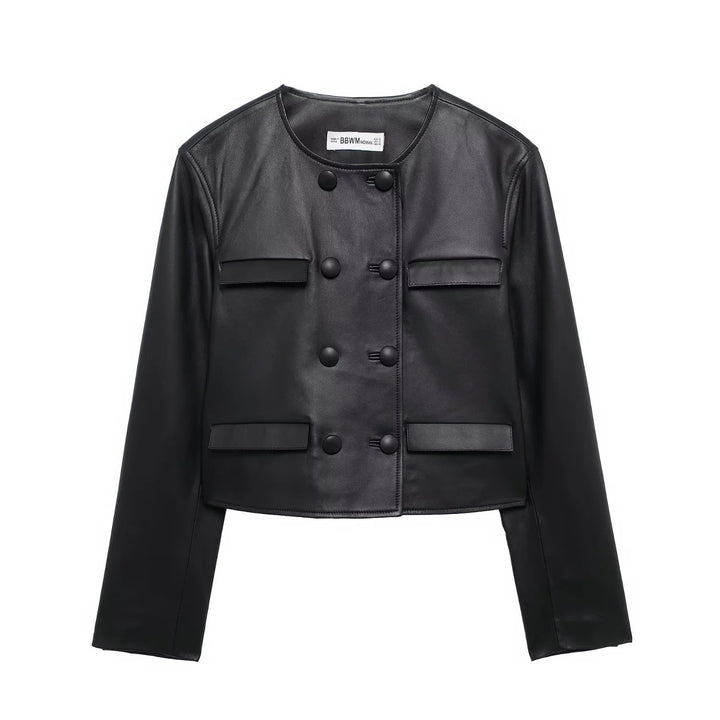 Dam cropped konstläderjacka med round neckline, double-breasted knäppning och påsydda fickor