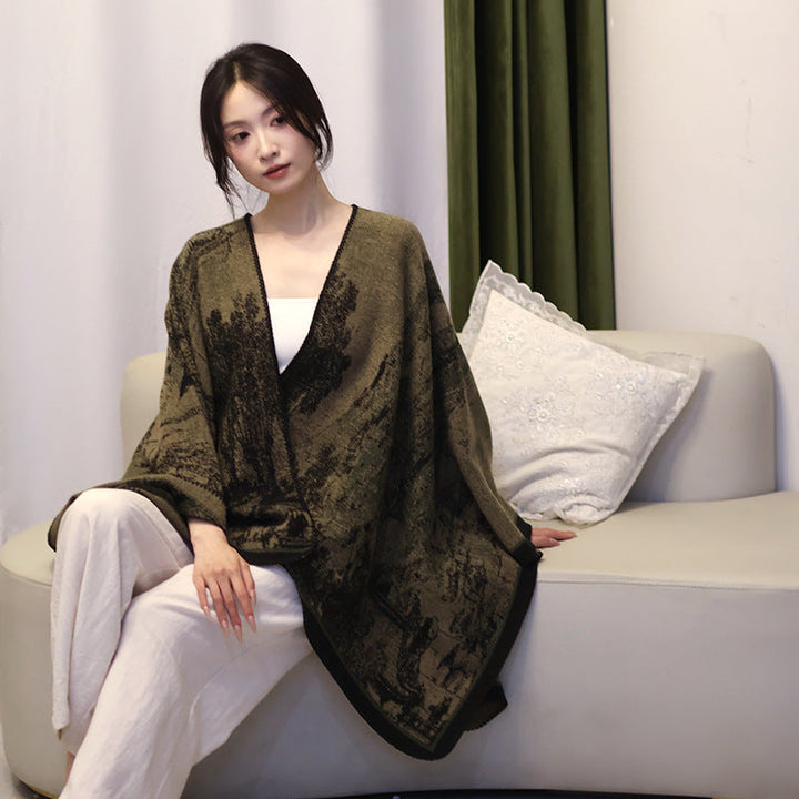 Dam Woven Cape Overlay med Jacquard Structure och kontrast Edging
