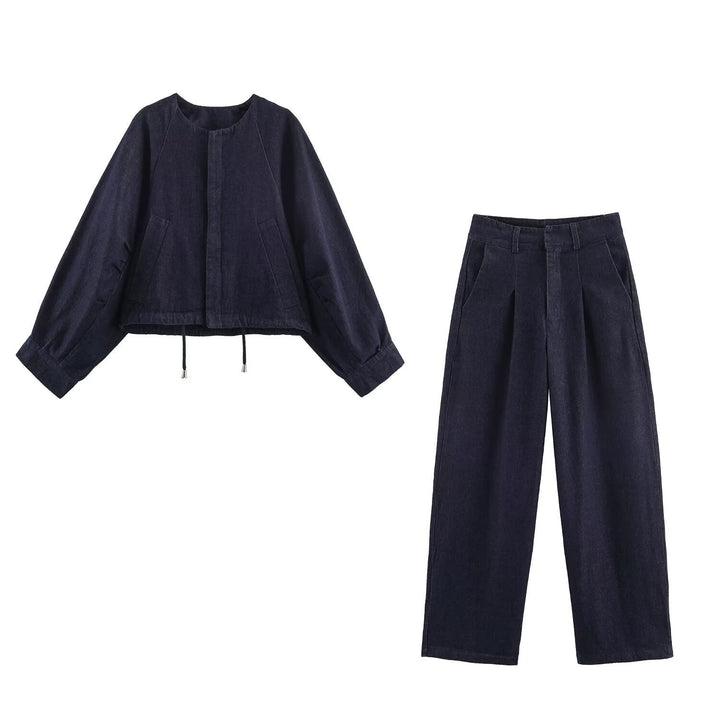 Dam Oversize Kort Denimjacka med Drawstring, Raglan Ärmar, och Dold Knapp Knäppning