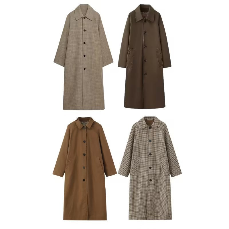 Dam Longer Minimalistisk Trenchcoat med Rutig Foder
