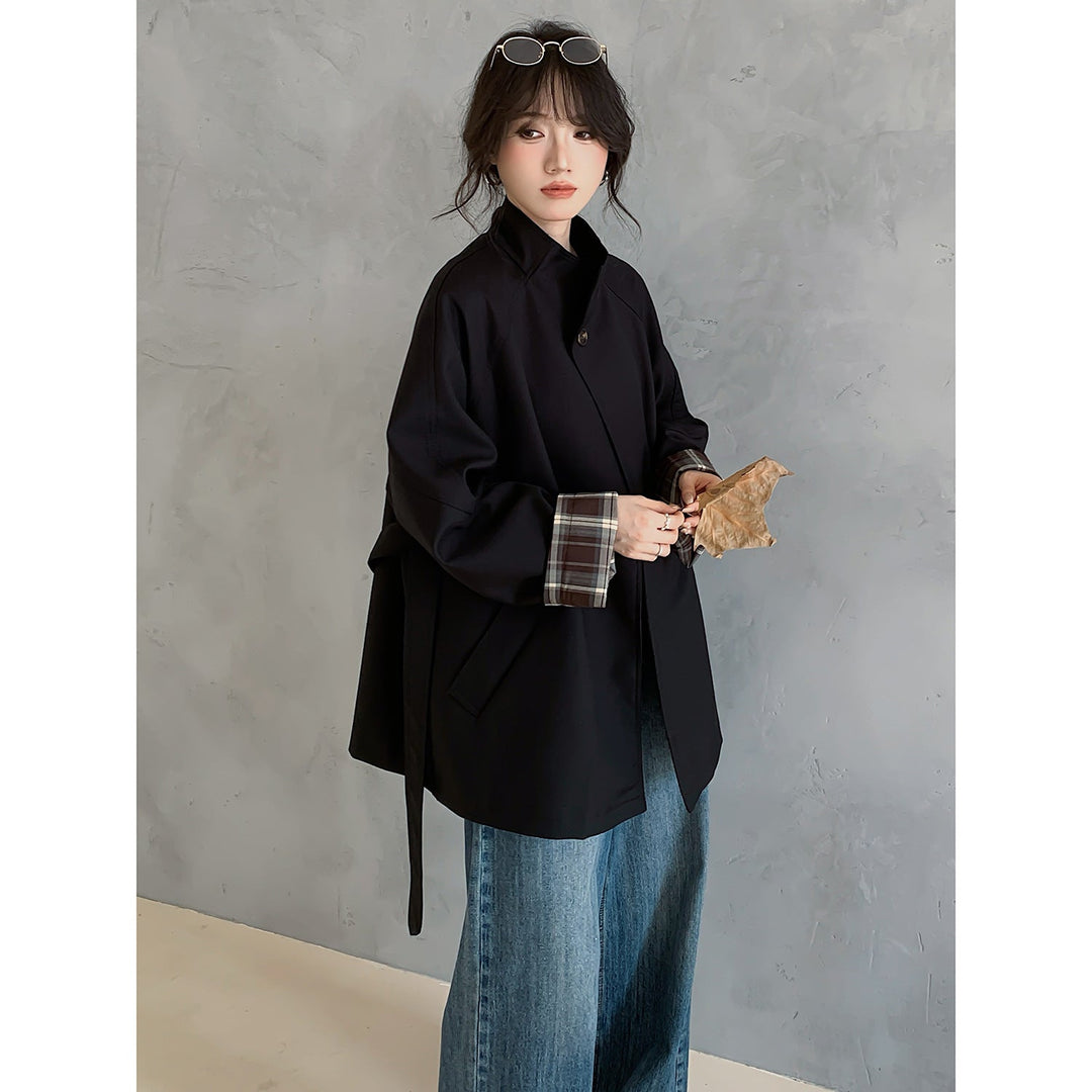 Dam oversize trenchcoat med midjebälte och Checked ärm mudd