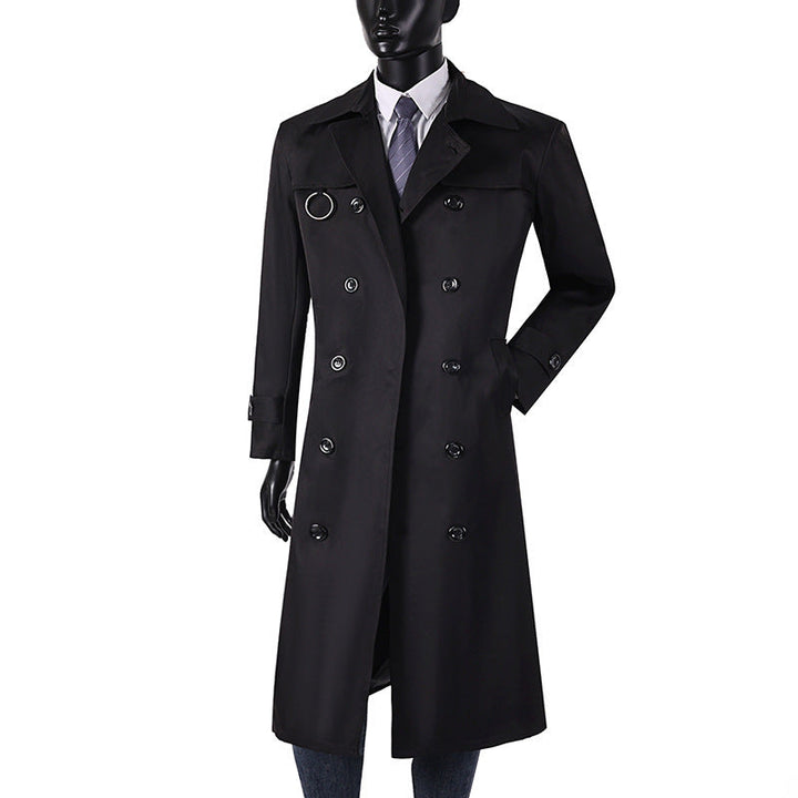 Herr Double-Breasted Trench Kappa med Midja Tailoring, Slagkrage, och Dekorativa Metall Ring