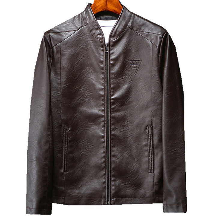 Herr Konstläder Blouson i Smal Passform med Fin Texture, Stående Krage och Dold Dragkedja