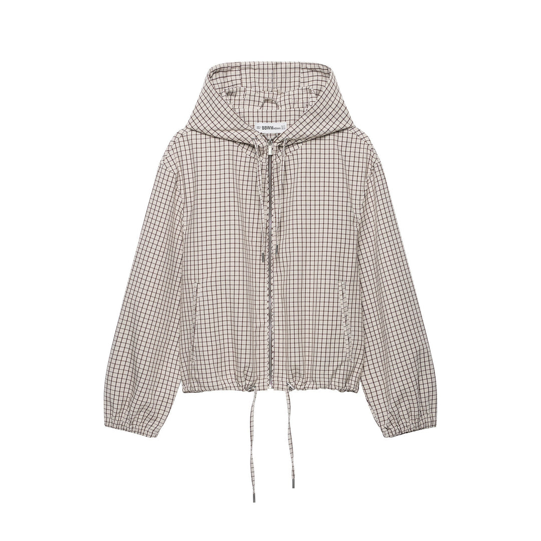 Dam Rutig Kort Jacka med Huva, Drawstring och Dragkedja