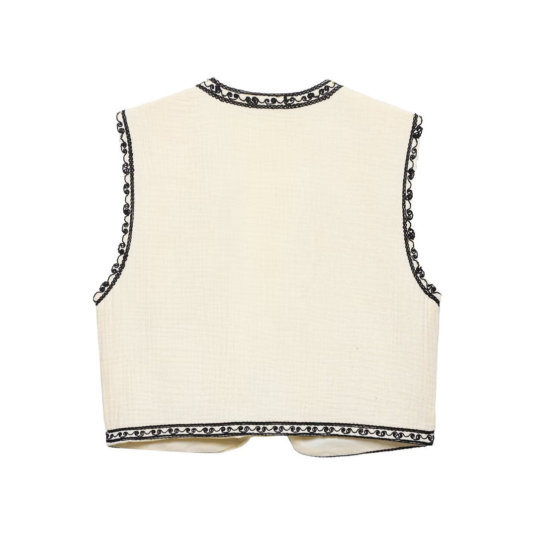 Dam lätt embroidered bomull väst i Boho stil med V-neckline och decorative edge kant