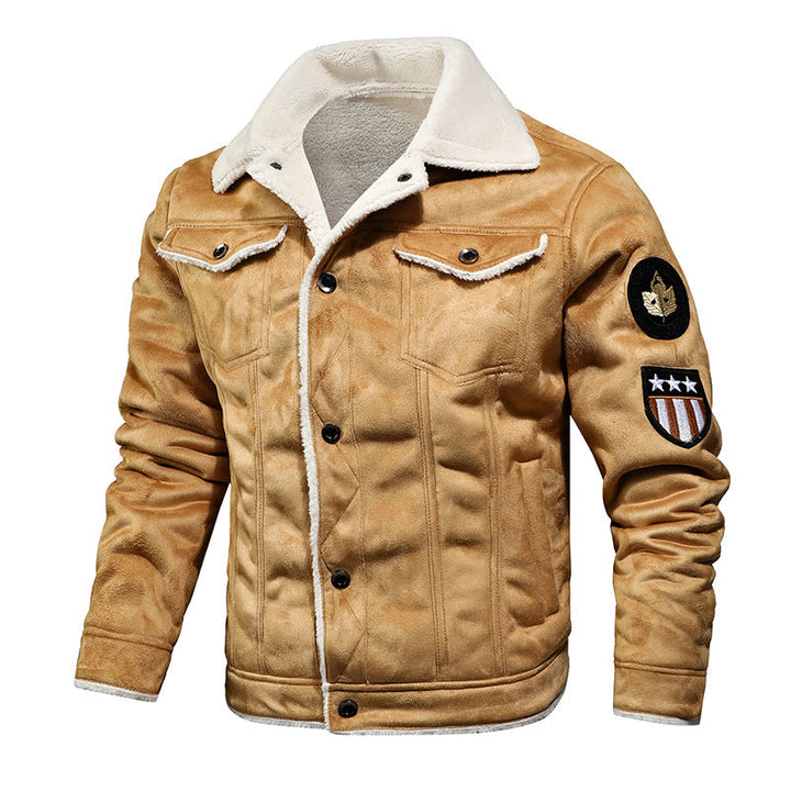 Herr pilot jacka tillverkad av synthetic läder med teddy päls foder och patch