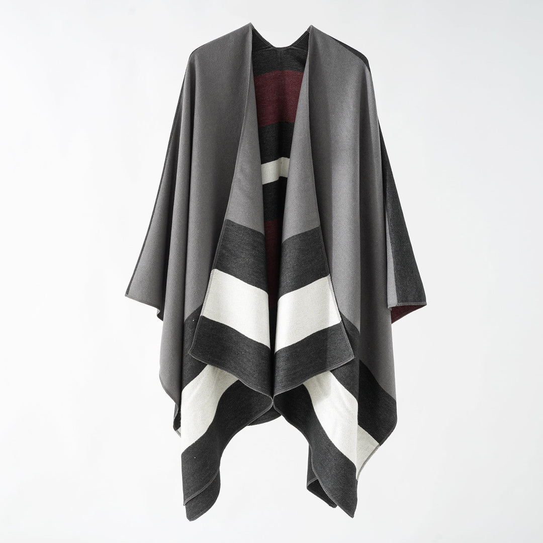 Dam Oversize Ruana i Cape stil tillverkad av ull look med Geometric Block Stripes