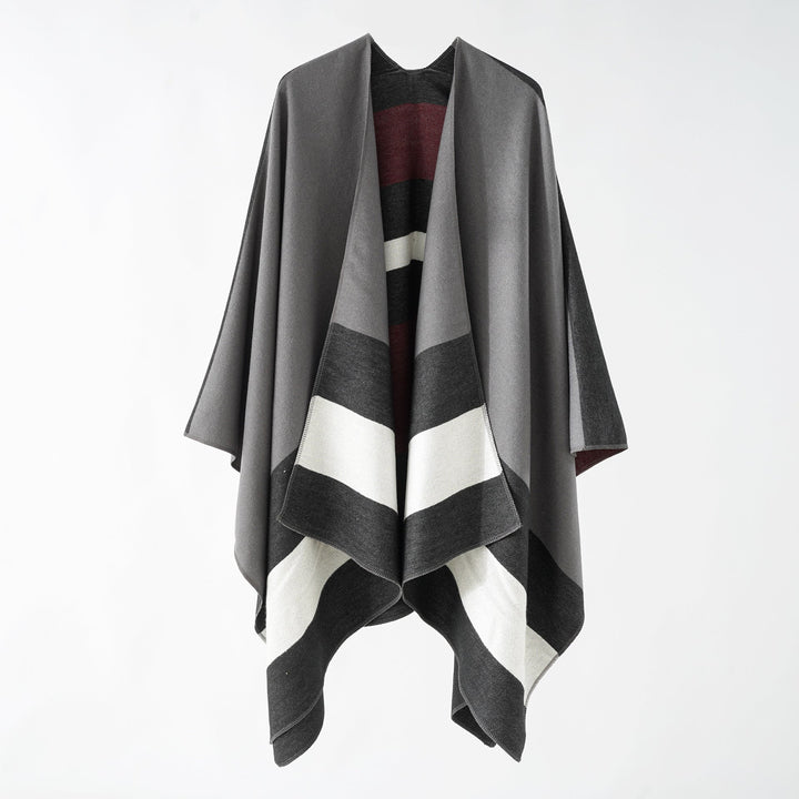 Dam Oversize Ruana i Cape stil tillverkad av ull look med Geometric Block Stripes