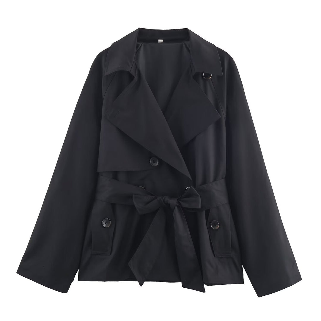 Dam Kort Midjebälte Trenchcoat med Breda Slag och Lockfickor