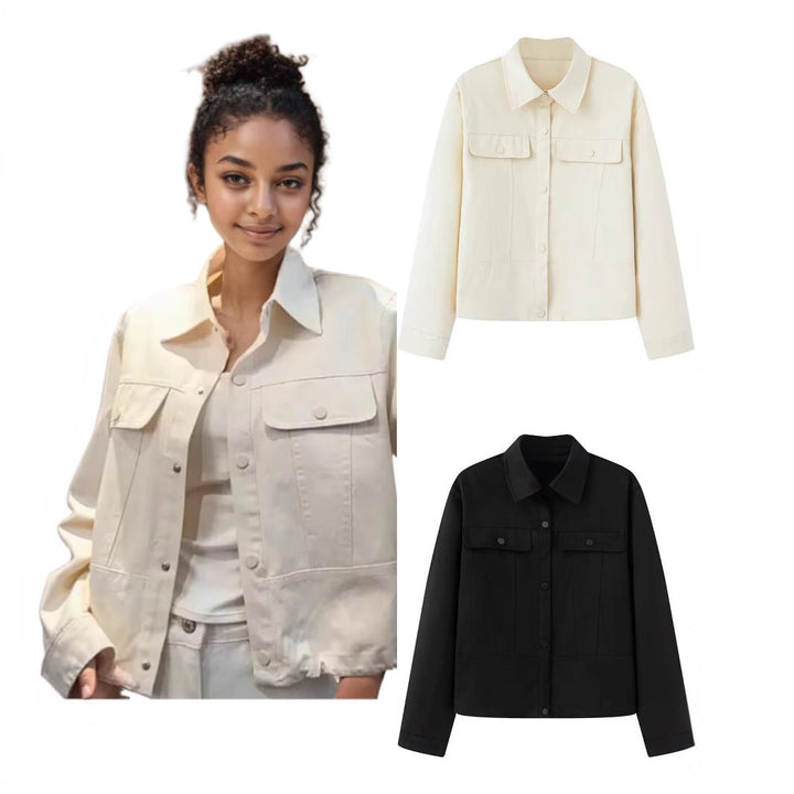Dam Kort Skärning Boxig Overshirt Jacka i Vegan Läder Look med Lockfickor och Tryckknapp Knapp Stängning