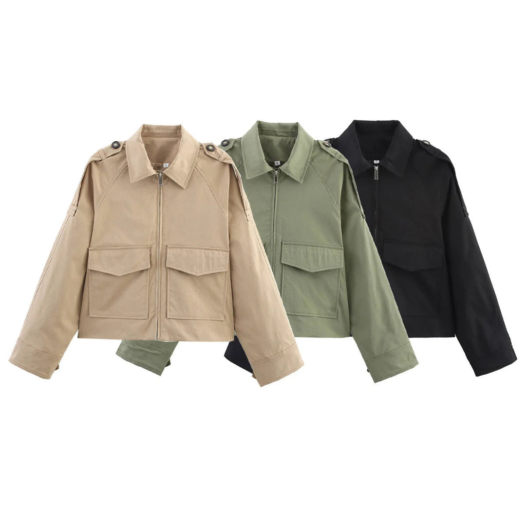Dam kort utility blousonjacka med patch flap fickor och epaulettes
