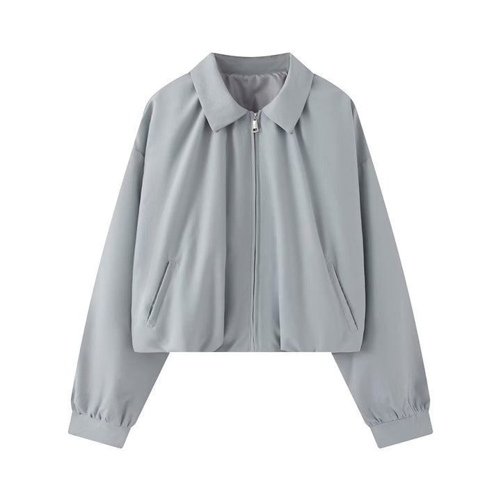 Dam Kort Boxig Jacka i Oversize Look med Skjort Krage, Dragkedja och Elastic Muddar