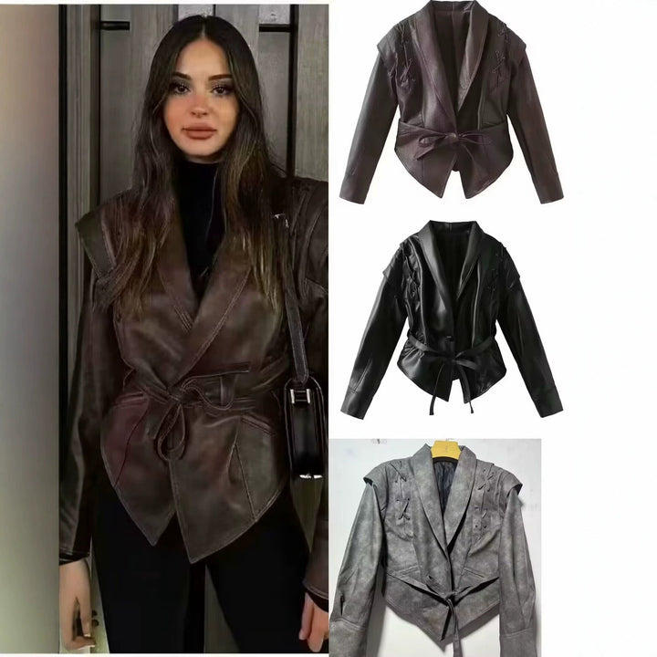 Dam kort jacka gjord mocka imitation med wrap bälte och lacing detaljer