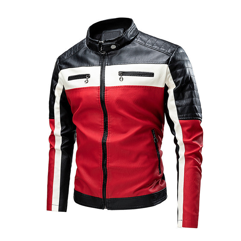 Herr biker läder jacka i colorblock design med vadderad axel section och ståkrage