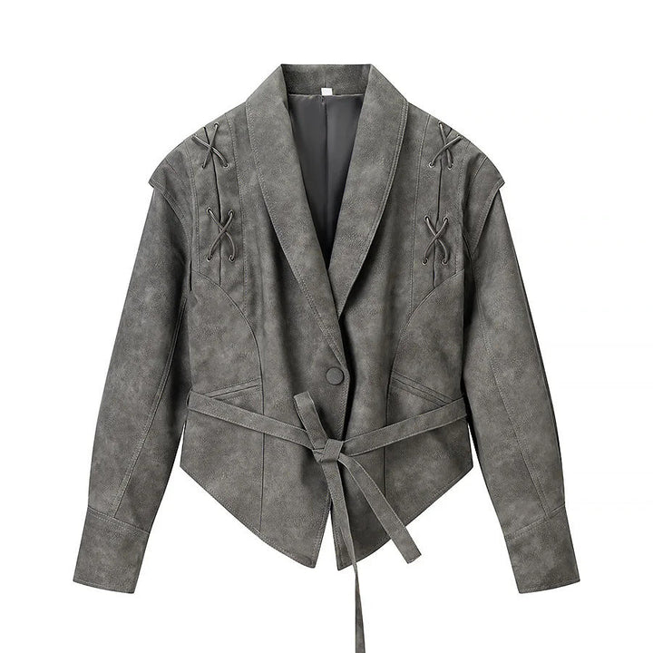 Dam kort jacka velour look med sjalkrage, midjebälte och lacing detail