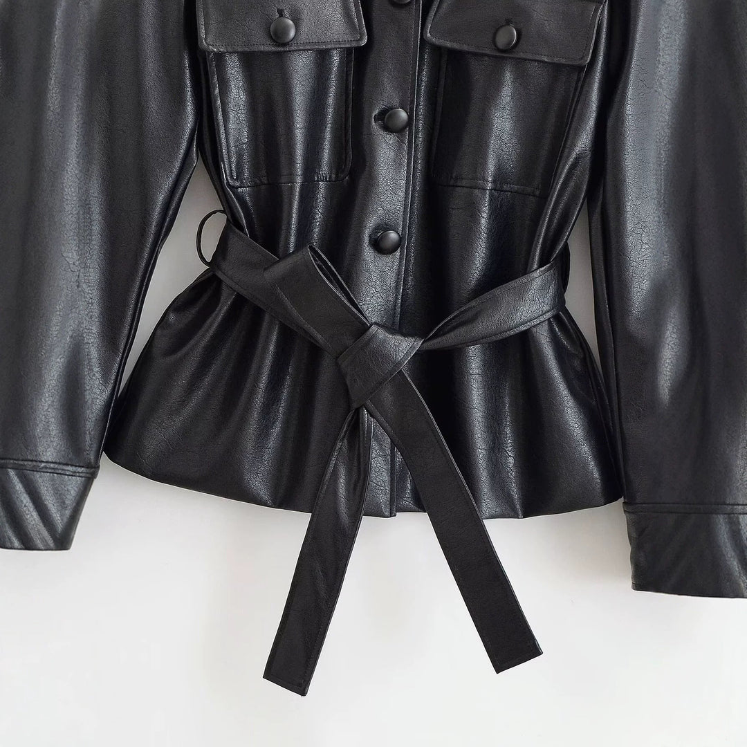 Dam Tailored Jacka i Konstläder med Tie Belt, Stå Krage och Lock Fickor